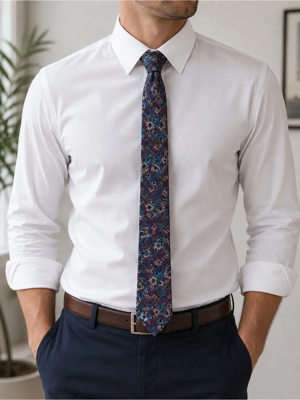Salvatori 100% Silk Floral Necktie Blue Burgundy Tan Men’s Classic Wide Tie